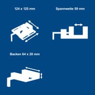 Technische Maße für Werkzeugteile: 124 x 125 mm, Spannweite 59 mm, Backen 64 x 20 mm mit Bewegungsrichtungen