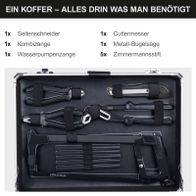 Der Werkzeugkoffer WZB200-BE von Scheppach enthält: Seitenschneider, Kombizange, Wasserpumpenzange, Cuttermesser, Metallbügelsäge und 5 Zimmermannsnägel. Alle Werkzeuge sind im robusten Aluminiumkoffer verstaut.