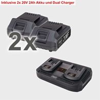 Inklusive 2x 20V 2Ah Akku und Dual Charger für den Akku-Rasenmäher BMP380-ProS von Scheppach.