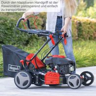 Foldable handle für platzsparendes Transportieren eines Scheppach-Rasenmähers mit Akku und Motor