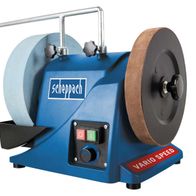 Nassschleifsystem W869 von Scheppach, Ansicht von vorne. Mit zwei Schleifscheiben und Bedienfeld.