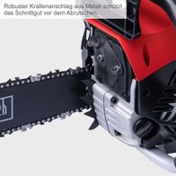 Robuster Krallenanschlag aus Metall schützt das Schnittgut vor dem Abrutschen. Die Benzin-Kettensäge PCS53 von Scheppach verfügt über ein ProCut-Schwert und eine ProCut-Kette für präzises Schneiden.