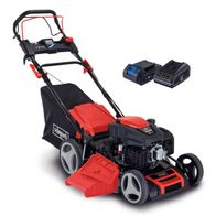 Scheppach-Benzinrasenmäher MS225-53E mit 53 cm Schnittbreite und Radantrieb, inkl. Fangbox und Akkus