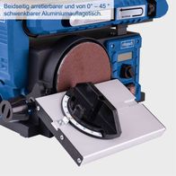 Beidseitig arretierbarer und von 0° bis 45° schwenkbarer Aluminiumauflagetisch. Scheppach Band- & Tellerschleifer BTS800Vario mit 400W Leistung, Schleifband 915x100mm und Ø150mm Schleifteller.
