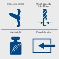Ergonomic handle, adjustable chuck for drills 1.5–13 mm, lightweight design, powerful motor