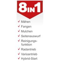 Wichtige Funktionen des Scheppach Rasenmähers: Mähen, Fangen, Mulchen, Seitenauswurf, Reinigungsfunktion, Radantrieb, Varioreibung, Hybrid-Start