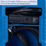 Hybrid compressor with 230 V and 12 V cable, 75 cm air hose and 44 cm fan outlet including integrated chamber.