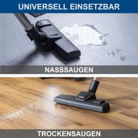 Scheppach Akku-Nass-/Trockensauger mit Textangaben 'Universal', 'Nasssaugen' und 'Trockensaugen'