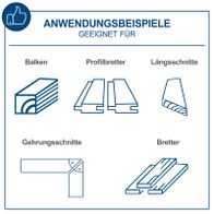 Anwendungsbeispiele für die Tischkreissäge HS254 von Scheppach. Geeignet für Balken, Profilbretter, Längsschnitte, Gehrungsschnitte und Bretter. Die Säge ermöglicht präzise Schnitte in verschiedenen Winkeln und Materialien.