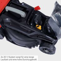 Der Akku-Rasenmäher BMP380-ProS von Scheppach verfügt über ein 2x 20 V System, das für eine lange Laufzeit und eine hohe Durchzugskraft sorgt.