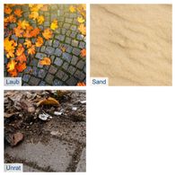 Der Akku-Laubsauger/-bläser BC-BLV720-X von Scheppach kann Laub, Sand und Unrat aufnehmen. Laub: bunte Blätter auf Pflaster. Sand: gelber Sand. Unrat: Blätter und Abfall auf Boden.