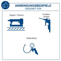Der Kompressor GK240ofx von Scheppach eignet sich ideal für Nageln/Tackern, den Einsatz einer Ausblas-Pistole und zum Reifenfüllen.