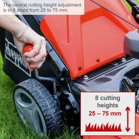 The Scheppach petrol lawnmower MS161-46 features a central cutting height adjustment in 6 steps from 25 to 75 mm. It offers 8 different cutting heights.