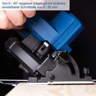 Die Akku-Handkreissäge BC-HCS165-X von Scheppach bietet einen neigbaren Sägekopf von 0 - 45° und eine stufenlos einstellbare Schnittiefe von 0 - 55 mm.