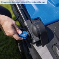 Der Akku-Rasenmäher BC-MP430-X von Scheppach verfügt über einen ergonomischen Griff mit verstellbarer Höhe für komfortables Mähen.