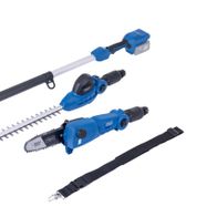 Akku-Multifunktionsgerät C-PHTS410-X Scheppach, gezeigt von der Seite. Das Set enthält eine Heckenschere, einen Hochentaster und eine Teleskopstange. Die Heckenschere hat eine Schnittlänge von 410 mm, der Hochentaster von 180 mm.