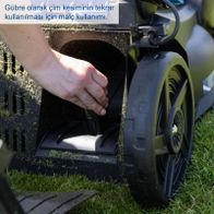 Gräserschneidekante für Scheppach Akku-Rasenmäher mit Hinweis auf Kompostierung des Schnittguts