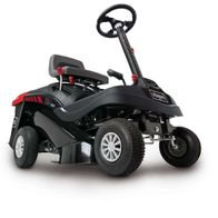 Aufsitzrasenmäher MR224-61 Scheppach, seitliche Ansicht, schwarzes Modell mit Sitz und Lenkrad.