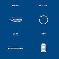 Technische Daten: Drehzahl 1200/min, Spannung 20V, Zahnradgröße 410 mm, Länge 2,6 m