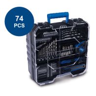 Scheppach tool kit with 74 pieces: drill bits, screwdrivers and accessories for precise tasks.
