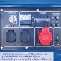 Diesel-Stromerzeuger mit integriertem Spannungsmesser, Ölstandswarnung und Überlastschutz für Motor und Geräte.