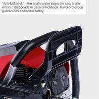The Scheppach petrol chainsaw PCS46 features an anti-kickback function that stops the saw chain within milliseconds in case of kickback. The hand guard ensures additional safety.