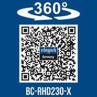 360°-Drehfunktion für präzise Bearbeitung, Scheppach-Tool BC-RHD230-X mit QR-Code für Deutschland