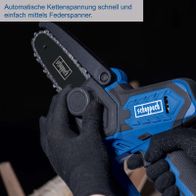 Automatische Kettenspannung schnell und einfach mittels Federspanner. Scheppach Akku Gehölzschneider mit 127mm Schnittlänge und 4,8 m/sec. Inkl. 2Ah 20V Akku und 2,4 A Ladegerät.