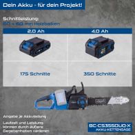 Scheppach Akku-Kettensäge BC-CS355Duo-X mit 2x 4Ah Akkus, Laufzeitangaben und Leistungsdaten für 60x60 mm Balken