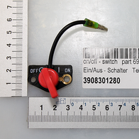 Ein- und Ausschalter mit rotem Drehknopf und schwarzem Kabel. Artikelnummer: 3908301280.