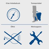Wichtige Merkmale des Kompressors: 8 bar Arbeitsdruck, Transportable Bauweise, Ölfrei, Wartungsarm