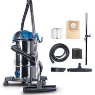 Nass- und Trockensauger ASP30Plus von Scheppach mit Zubehör wie Schlauch, Filter und Düsen. Der Sauger ist von der Seite zu sehen.