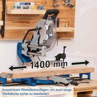 Kapp-Zugsäge HM305SL mit ausziehbaren Werkstückauflagen für sicheres Bearbeiten langer Werkstücke, maximale Auszugslänge 1400 mm.