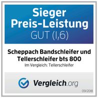 Winner of the best price-performance ratio GOOD (1,6) for Scheppach Belt & Disc Sander BTS 800. Vergleich.org 09/2018.