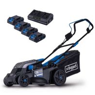 Scheppach Akku-Rasenmäher BC-MP380-X mit zwei Akkus, Ladegerät und Mulden für Set S4