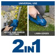 Scheppach 2-in-1 cordless grass and shrub shears with 90 mm cutting width and 200 mm cutting length, including battery and charger for precise trimming of hedges and lawn edges.