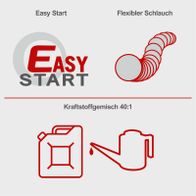 Kraftstoffmischungsmerkmal '40:1' für 2-Takt-Motoren mit 'Easy Start' und flexibler Schlauchverbindung