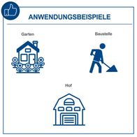 Das Bild zeigt Anwendungsbeispiele des Vibrationsstampfers VS1000 von Scheppach. Der Stampfer kann im Garten, auf der Baustelle und im Hof verwendet werden. Er eignet sich zum Verdichten von Boden und anderen Materialien.