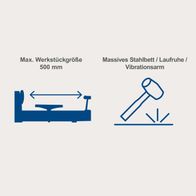 Die Drechselmaschine DM500T hat eine maximale Werkstückgröße von 500 mm und verfügt über ein massives Stahlbett, eine Laufruhe und einen Vibrationsarm.