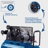 Drei-Zylinder-Kompressor mit hoher Luftleistung für schnellen Transport und mobilen Einsatz, inkl. Fahrvorrichtung und Transportgriff