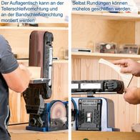 Der Band- und Tellerschleifer BTS900 von Scheppach bietet einen Auflagentisch, der sowohl an der Tellerschleifvorrichtung als auch an der Bandscheifvorrichtung montiert werden kann. Selbst Rundungen können mühelos geschliffen werden.