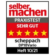 Die Tischbohrmaschine DP18 Vario von Scheppach hat eine Leistung von 550W, ein Bohrfutter von 16mm, eine variable Drehzahl und ist mit Laser und LED ausgestattet. Sie erhielt die Bewertung 'sehr gut' im Praxistest von 'selber machen'.