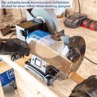 Scheppach-Nass- und Trockenschleifer mit Aluminiumoxid-Schleifstein für intensiven Materialabtrag, Werkstückauflage und Funkenschutz.