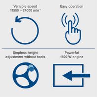 The router table HF50 features variable speed from 11,500 to 24,000 RPM, easy operation, tool-free stepless height adjustment, and a powerful 1,500W engine.