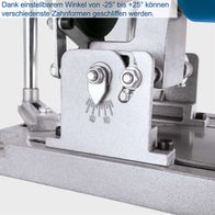 Das Sägeblattschärfgerät SBS1100 von Scheppach ermöglicht das Schleifen verschiedener Zahnformen dank eines einstellbarem Winkel von -25° bis +25°.