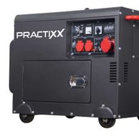 Diesel Stromerzeuger PX-SE-5000D Practixx von Scheppach, seitliche Ansicht mit Bedienfeld und Steckdosen. Der Stromerzeuger hat einen Elektrostarter und liefert 5000W Leistung. Das Gerät verfügt über zwei 230V- und eine 400V-Steckdose.