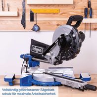 Vollständig geschlossener Sägeblatt-Schutz für maximale Arbeitssicherheit. Die Kappzugsäge HM254 von Scheppach bietet mit 2000W Leistung eine Schnittbreite von 340mm und eine Schnitthöhe von 90mm. Inklusive 2 Sägeblättern.