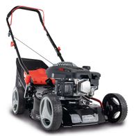 Petrol push lawnmower MP132-42 by Scheppach, side view. 3.4 HP, 42 cm cutting width, 45L grass bag, height adjustable.