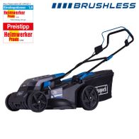 Scheppach Akku-Rasenmäher mit Brushless-Technologie, 43 cm Schnittbreite, 50-Liter-Korb, Blick auf Vorderseite und Seitenprofil