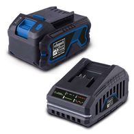Scheppach Starter-Kit 4.0 mit 20 V / 4,0 Ah Akku und 2,4 A / 65 W Ladegerät. Inklusive LED-Anzeige und Wandhalterung. Akku und Ladegerät sind separat abgebildet.